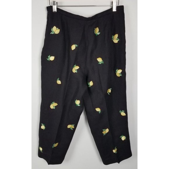Talbots Petites Women's Sz. 14 Black Irish Linen Lemon Embroidered Pants - Picture 6 of 7
